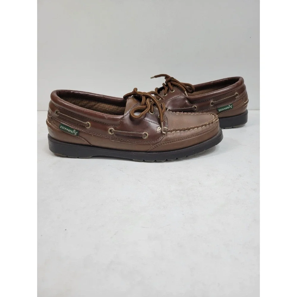 Dockmates Men's Boat Shoes Brown Leather Moc Toe Lace Up Casual Deck Shoe Size 7